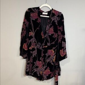 American Threads black floral velour romper with red accents